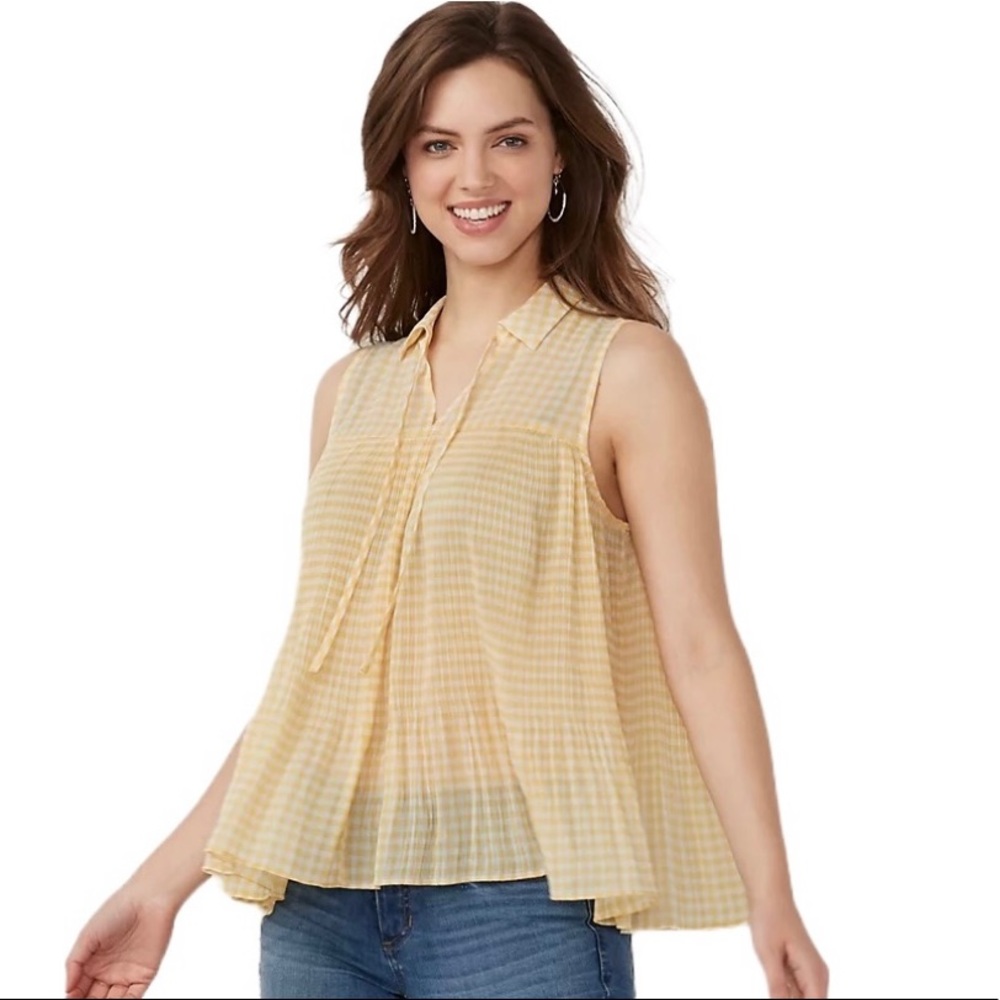 NWT Yellow Sleeveless Top | Gingham Sleeveless Shirt | Pleated Sleeveless Top